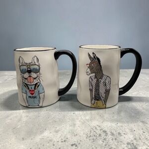Signature Housewares Animal Mugs Set of White Hipster Frenchie & Donkey Mugs